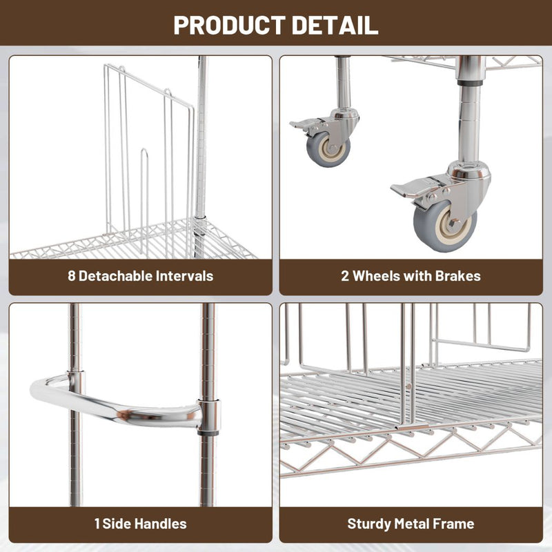 2-Shelf Steel Carton Stand w/ Casters & 8 Dividers, 60"L x 18"W x 69"H, Chrome