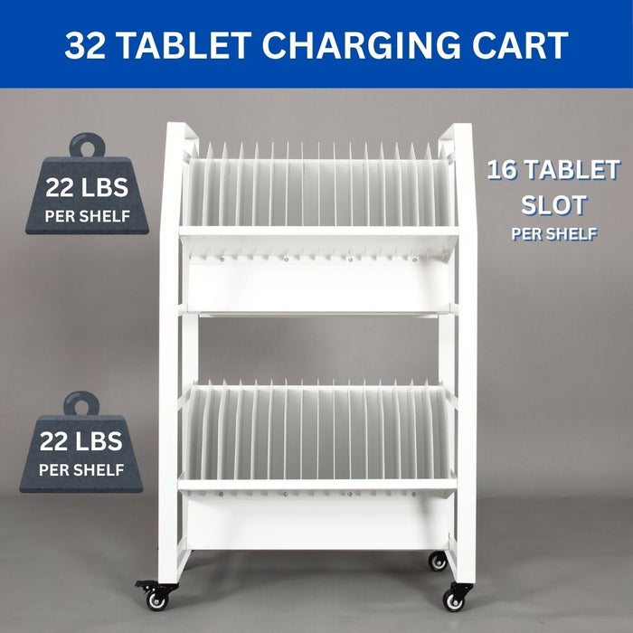 32-Device Open Charging Cart w/ Power Strips, 2 Shelves for Tablet Charging