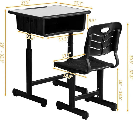 Holzoffer Student Desk and Chair Combo, Height Adjustable School Desk and Chair Workstation with Drawer, Pencil Grooves and Hanging Hooks for Home, School