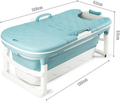 Holzoffer Blue Foldable Bathtub, Sturdy Bathtub, Adult Bath with Handrails, Mobile Bath with Removable Cover, Massage Rollers, Portable Bath for Bathroom, 138 x 62 x 52 cm