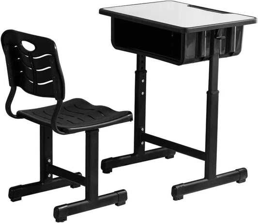 Holzoffer Student Desk and Chair Combo, Height Adjustable School Desk and Chair Workstation with Drawer, Pencil Grooves and Hanging Hooks for Home, School