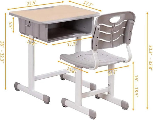 Holzoffer Student Desk and Chair Combo, Height Adjustable Children's Desk and Chair Workstation with Drawer, Pencil Grooves and Hanging Hooks for Home, School