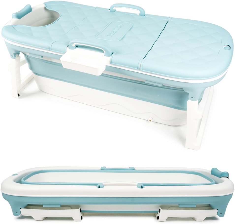 Holzoffer Blue Foldable Bathtub, Sturdy Bathtub, Adult Bath with Handrails, Mobile Bath with Removable Cover, Massage Rollers, Portable Bath for Bathroom, 138 x 62 x 52 cm