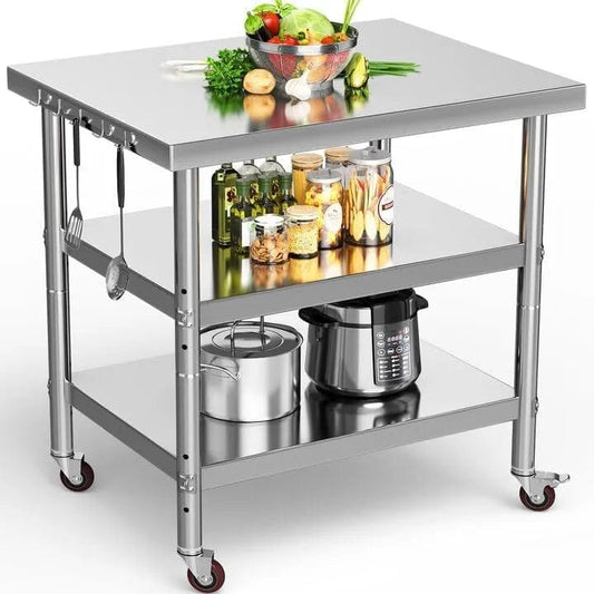 Holzoffer Stainless Steel Table, 36" X 24" Work Table with Wheels, 3 Shelves Metal Table Prep Table for Home Kitchen Restaurant Garage Warehouse Outdoor