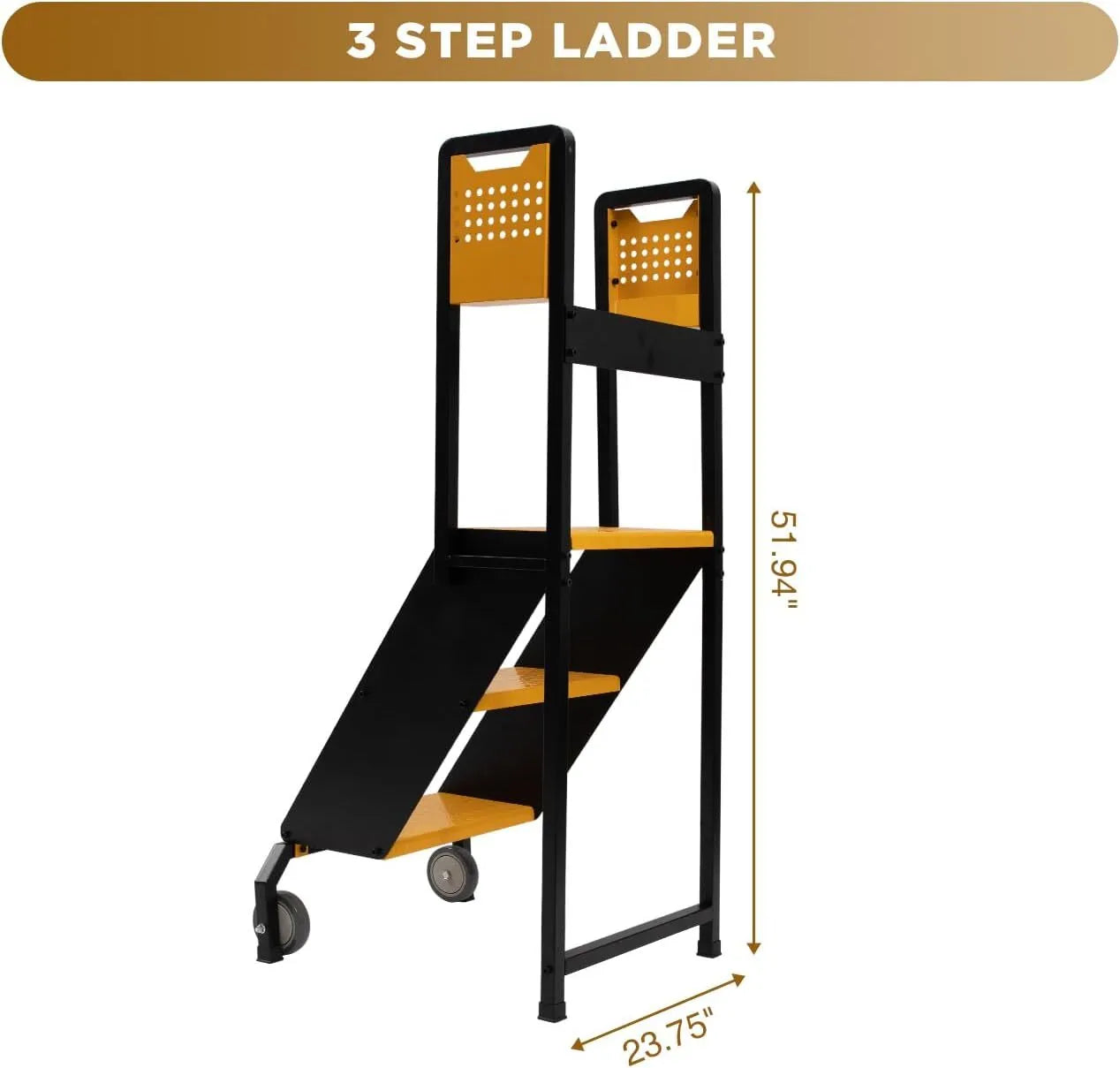 Holzoffer 3-Step Mobile Heavy Duty Ladder with Lockable Wheels,Rolling Ladder, Steel Stepladder for Garage, Factory, Warehouse, 350lbs