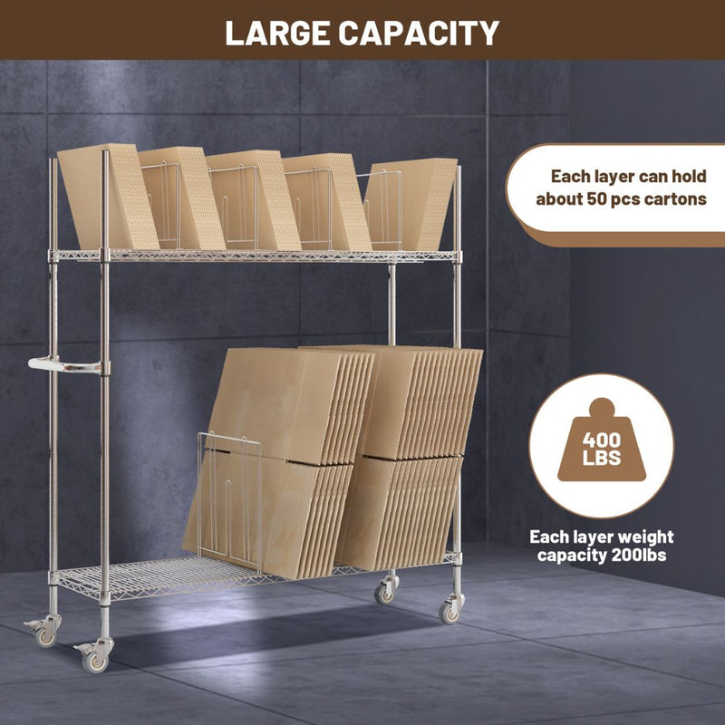 2-Shelf Steel Carton Stand w/ Casters & 8 Dividers, 60"L x 18"W x 69"H, Chrome