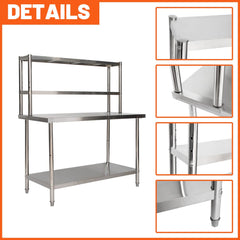 Holzoffer Stainless Steel Table with Overshelves, 47.2" X 23.6" Work Table, Metal Table Prep Table for Home, Kitchen, Restaurant