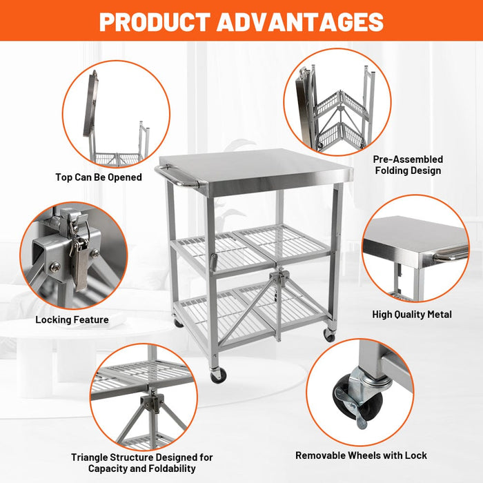 3-Tier Foldable Rolling Stainless Steel Table Cart 25.75"D x 20"W x 36"H