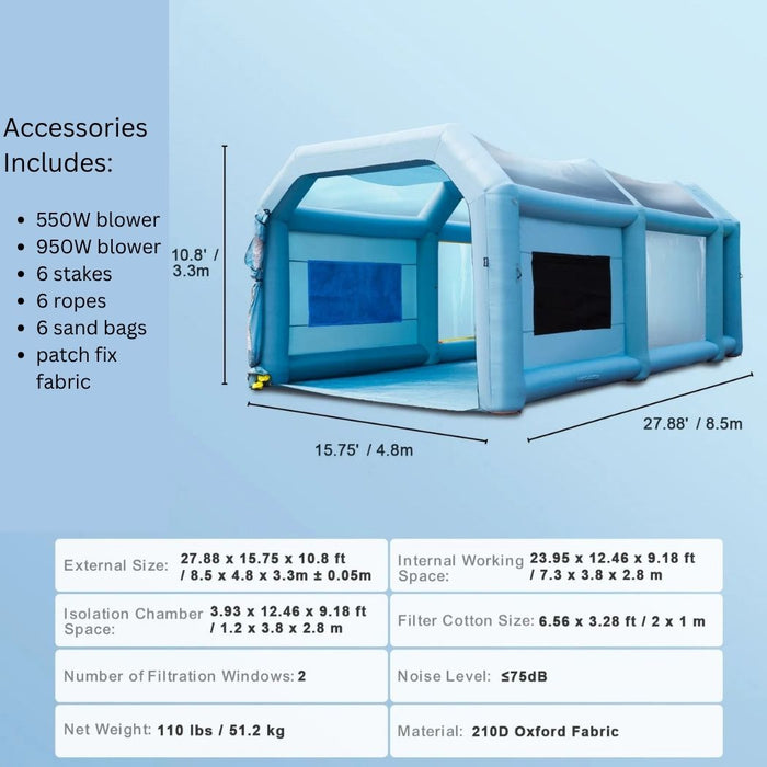 Inflatable Spray Booth 28'L x 16'W x 11'H with 550W + 950W Blowers, Spray Booth Tent Air Filter System – Car Paint Tent for Auto Painting, Car Parking Tent, Workstation, and Motorcycle Garage