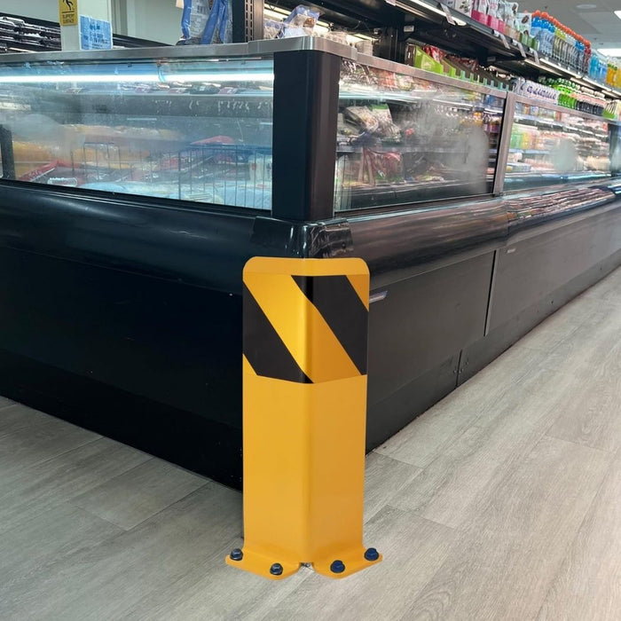 Pallet Rack Post Protectors 12"H, Steel Column Guards w/ Floor Mount Accs , 4 Pack, Yellow with Stripe