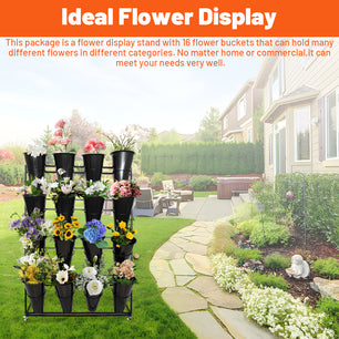 Holzoffer Flower Display Stand with 16pcs Buckets, Heavy Duty  4 Layers Metal Plant Cart Shelf with Wheels