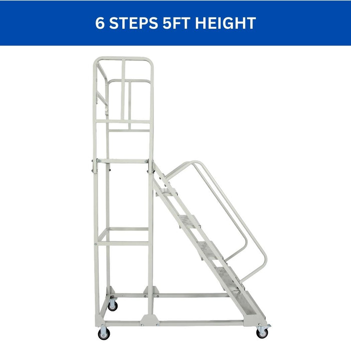 6 Step Rolling Ladder w/ Handrails, 350 lbs Weight Capacity, 60" Top Step Height