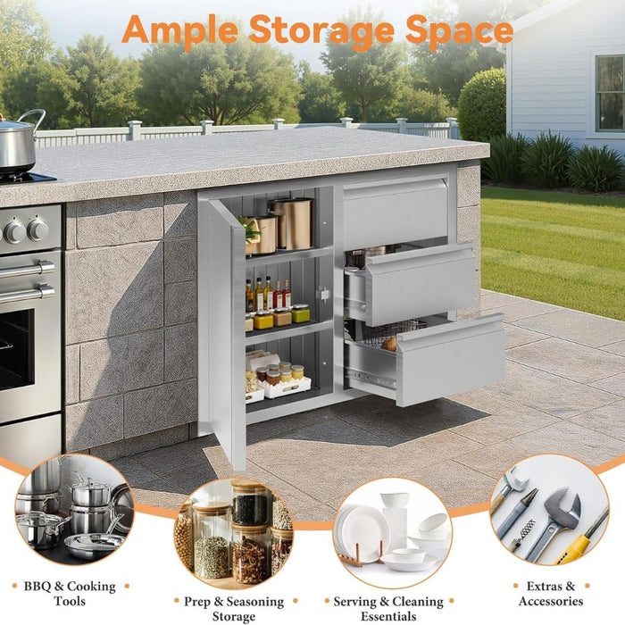 3 Drawer Stainless Steel Kitchen Cabinet, 28"W x 20"D x 23"H, Outdoor Kitchen Cabinet