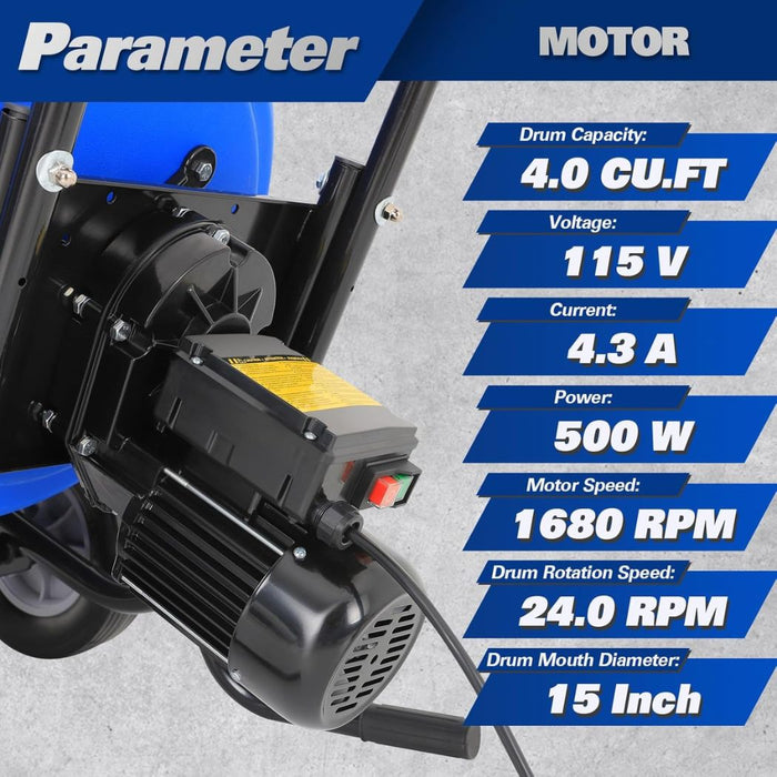 4 Cu.Ft. Power Concrete Mixer, Portable Electric Poly Drum Cement Mixer