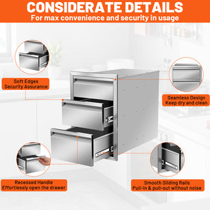 Holzoffer 21x23x14 Inch Outdoor Kitchen Stainless Steel Triple Access BBQ Drawers with Chrome Handle