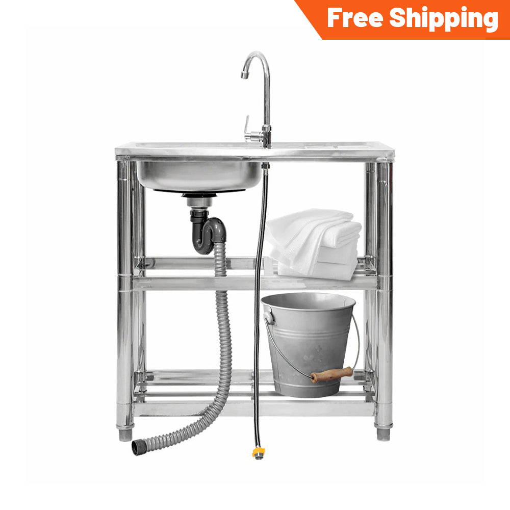 Holzoffer Free Standing Stainless-Steel Single Bowl Commercial Restaurant Kitchen Sink Set w/Faucet & Drainboard, Prep & Utility Washing Hand Basin w/Workbench & Double Storage Shelves Indoor Outdoor