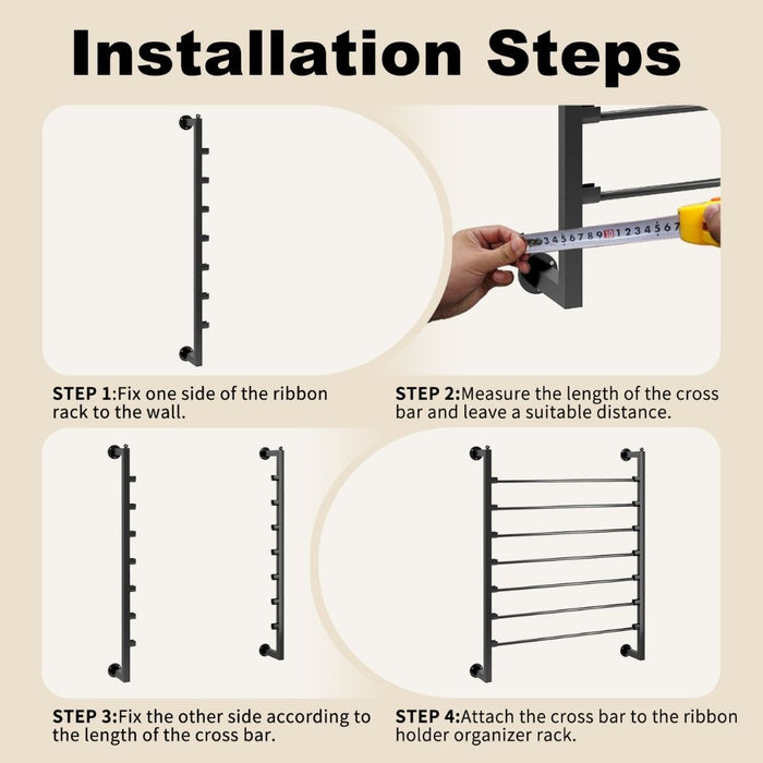 7 Tier Ribbon Organizer, Wall Mount Steel Rack for Craft Design, Wrapping Paper, Scarf Shops