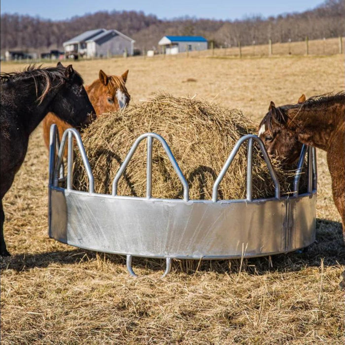 Round Hay Bale Feeder 8ft Dia w/ Hay Saver for Horses, 50"H Silver Hay Ring