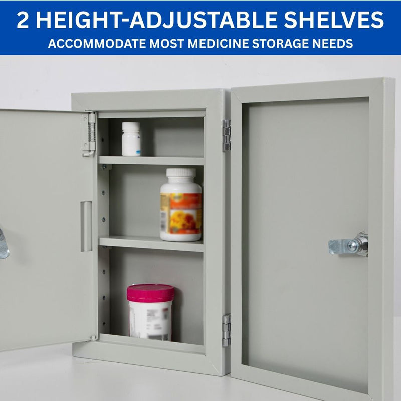 Locking Medicine Cabinet 9.5"W x 4.7"D x 15"H, Double Lock & Double Door, Wall Mount