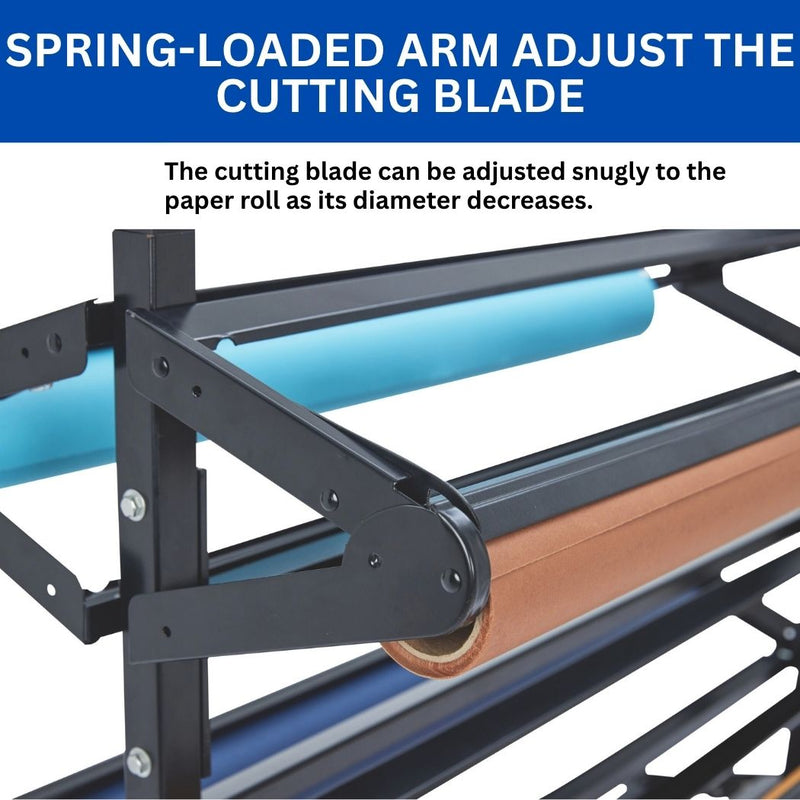 8 Rolls Horizontal Paper Rack with Cutter & Casters, For Use with 36"W Rolls, 8 Deck Paper Roll Dispenser