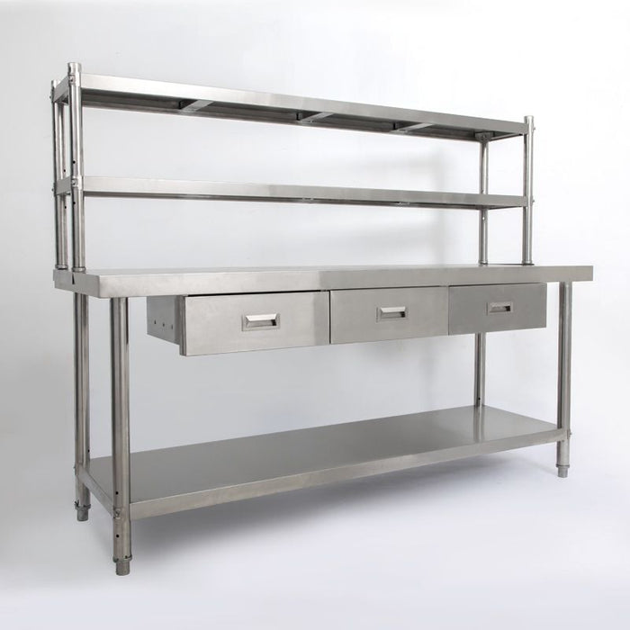 Stainless Steel Table with Overshelves & Drawers, 72" X 24" Work Table with 72" X 12" Shelf & 3 Drawers, Metal Table Prep Table