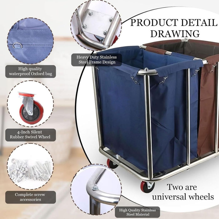 Commercial Laundry Cart, 12 Bushel, 35.4"L x 25.6"W x 33.3"H, 2 Canvas Bag