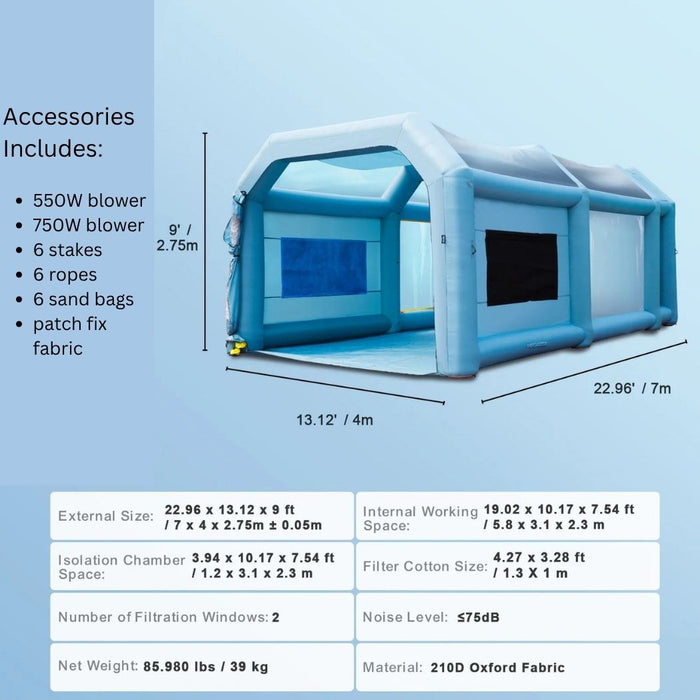 Inflatable Spray Booth 23'L x 13'W x 8.5'H with 550W + 750W Blowers, Spray Booth Tent Air Filter System – Car Paint Tent for Auto Painting, Car Parking Tent, Workstation, and Motorcycle Garage