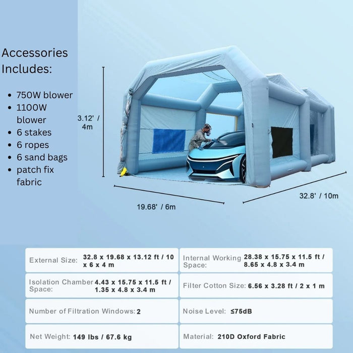 Inflatable Spray Booth 33'L x 20'W x 13'H with 750W + 1100W Blowers, Spray Booth Tent Air Filter System – Car Paint Tent for Auto Painting, Car Parking Tent, Workstation, and Motorcycle Garage
