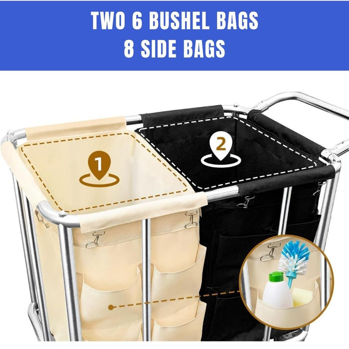 Commercial Laundry Cart w/ Handle, 12 Bushel, 42"L x 26"W x 33.8"H, 2 Canvas Bag and 8 Side Bags
