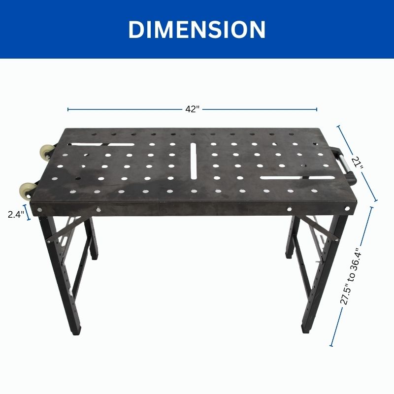 Height Adjustable Folding Weld Table w/ Wheels, 42" x 21" x 27.5-36.4"H, 1000 lbs Load Capacity