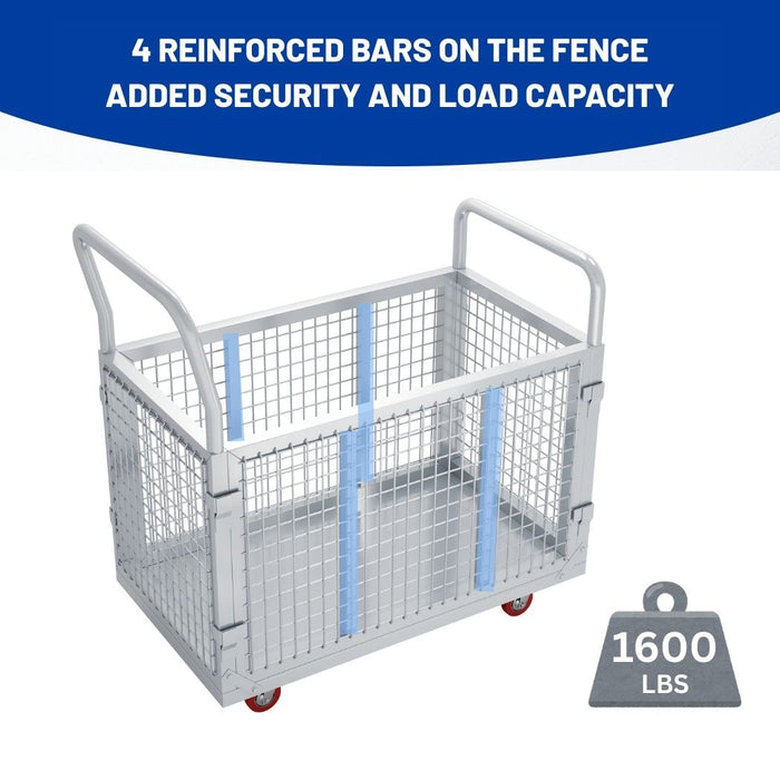 Side Panel Platform Truck 40"L x 24"W x 38"H, 1600lbs Capacity, 6-in-1 Cage Cart, Basket Truck