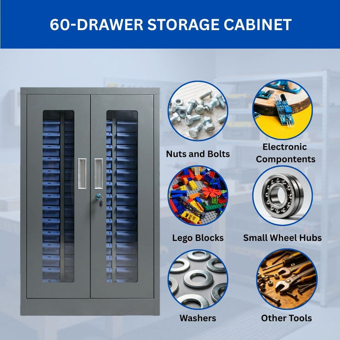 60 Bin Drawer Storage Enclosure, 22.8"W x 15"D x 37.4"H, Steel Parts Organizer for Nuts, Bolts, Screws & Small Components