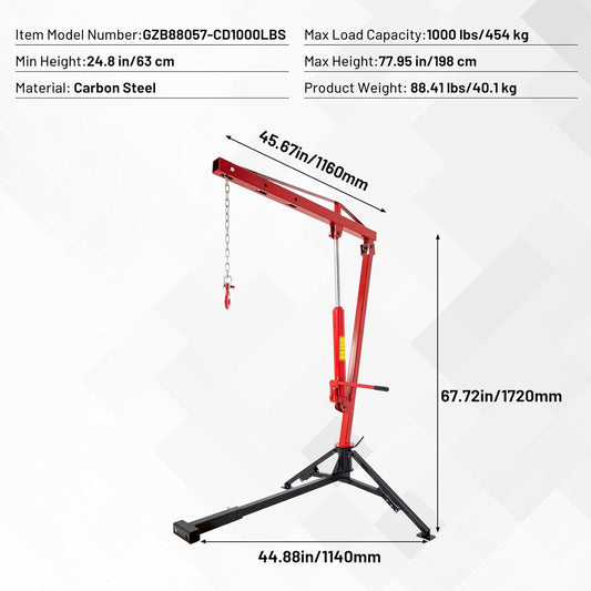 360° Swivel Hydraulic Pickup Truck Crane, 500 lbs, 750 lbs and 1000 lbs for Lifting Goods in Construction, Forestry, Factory, Auto Shop