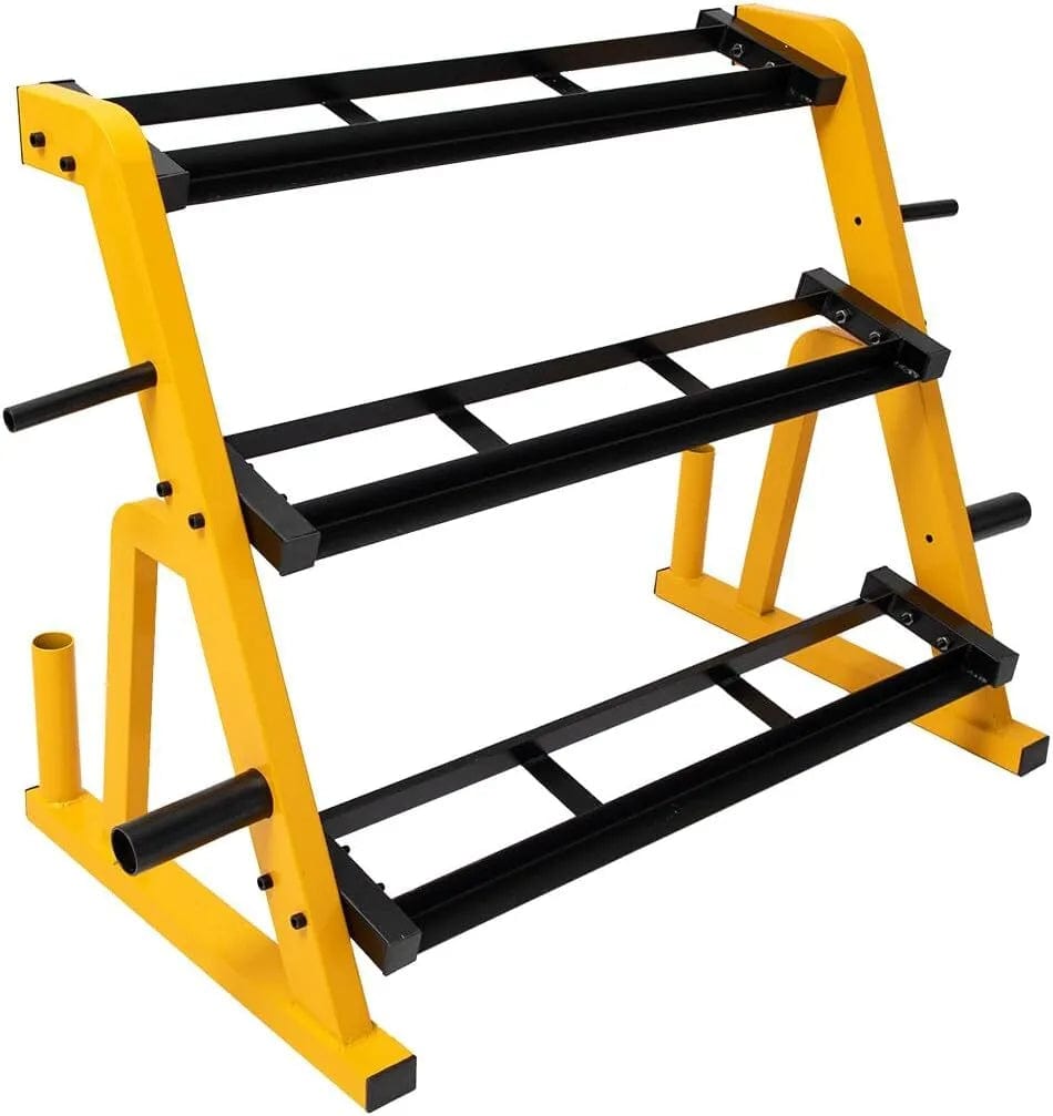 Holzoffer 3-Tier Heavy Duty Dumbbell Rack Stand, 1200 lbs Load Capacity Home Gym Weight Rack Equipment, 1.5mm Thick Steel Kettlebell Rack for Storage 4.8'' Dumbbell, Barbell Plate, Barbell Bar, Yellow & Black