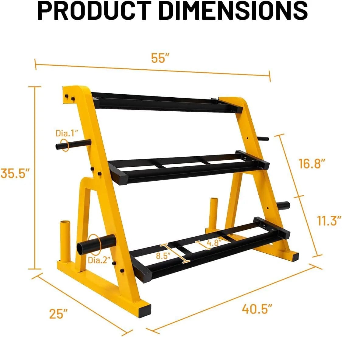 Holzoffer 3-Tier Heavy Duty Dumbbell Rack Stand, 1200 lbs Load Capacity Home Gym Weight Rack Equipment, 1.5mm Thick Steel Kettlebell Rack for Storage 4.8'' Dumbbell, Barbell Plate, Barbell Bar, Yellow & Black