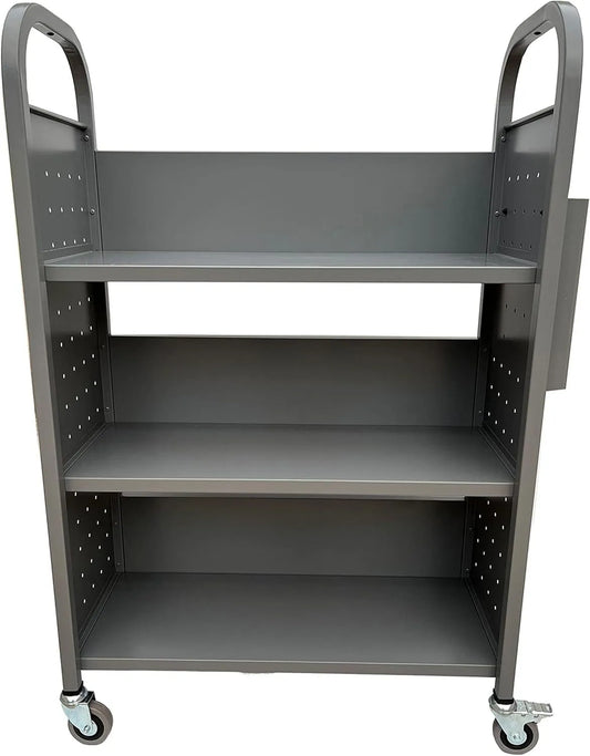 Holzoffer Gray Rolling Book Truck Book Cart with 3 Flat Shelves, Library Book Cart with Swivel Lockable Casters