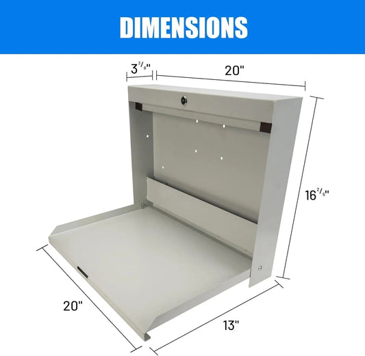 Holzoffer Folding Wall Mounted Desk, Lockable Wall-Mounted Workstation with 20" W x 13" D Work Surface, Fold Down Floating Desk with Magnetic Closure for Office Factory, White, 20''W x 3.375''D x 16.4''H