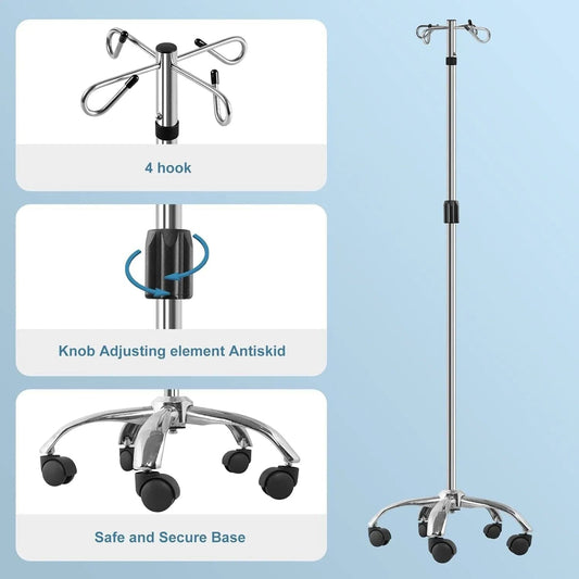 Holzoffer IV Poles with Wheels IV Stands 4 Hooks 5 Legs Rolling Base with Heavy Duty Stainless Steel, Adjustable Height,2PCS/2Pack