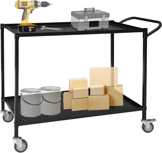 Holzoffer 2 Tier Utility Cart with Wheels 900lbs Capacity, Heavy Duty Rolling Utility Cart, Commercial Grade Metal Service Storage Cart, Serving Trolley for Warehouse, Kitchen, Office, Restaurant, Garage