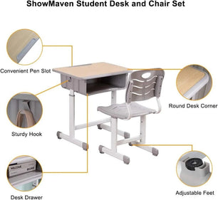 Holzoffer Student Desk and Chair Combo, Height Adjustable Children's Desk and Chair Workstation with Drawer, Pencil Grooves and Hanging Hooks for Home, School