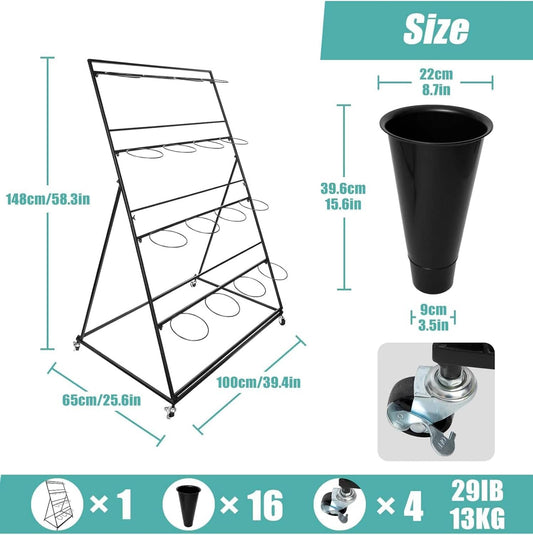 4 Layers Flower Display Stand with 16pcs Plastic Buckets for Fresh Flowers Metal Plant Cart for Heavy Duty Moving Flower Rack