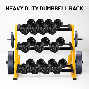 Holzoffer 3-Tier Heavy Duty Dumbbell Rack Stand, 1200 lbs Load Capacity Home Gym Weight Rack Equipment, 1.5mm Thick Steel Kettlebell Rack for Storage 4.8'' Dumbbell, Barbell Plate, Barbell Bar, Yellow & Black