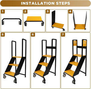 Holzoffer 3-Step Mobile Heavy Duty Ladder with Lockable Wheels,Rolling Ladder, Steel Stepladder for Garage, Factory, Warehouse, 350lbs