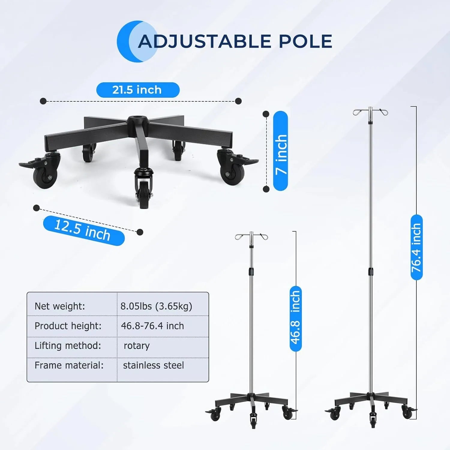 Holzoffer IV Poles IV Stands Portable Rolling 2 Hook 5 Legs Adjustable Height with Brake Wheels, Stainless Steel