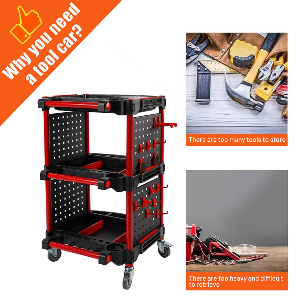 Holzoffer Auto Detailing Tool Cart, 3-Tier Rolling Utility Cart with Tool Hanging Board & Hook, Car Detailing Organizer for Mechanics & Detailers During Repairs Car Wash/Wax