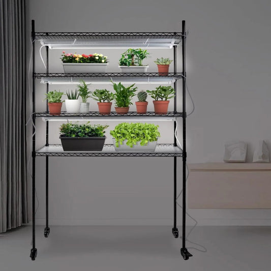 Holzoffer DIY Plant Shelf with Grow Lights, 4-Tier Metal Plant Stand, Grow Light Shelf with 108W T8 6500K Grow Lights, Adjustable Rack and Wheels for Seed Starting, Seedlings(39.4Lx13.8Wx59.1H, Black)