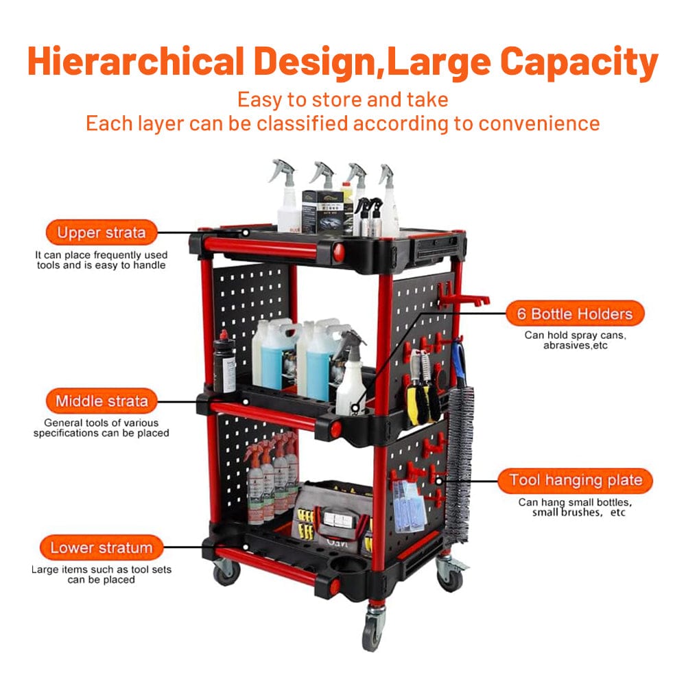 Holzoffer Auto Detailing Tool Cart, 3-Tier Rolling Utility Cart with Tool Hanging Board & Hook, Car Detailing Organizer for Mechanics & Detailers During Repairs Car Wash/Wax