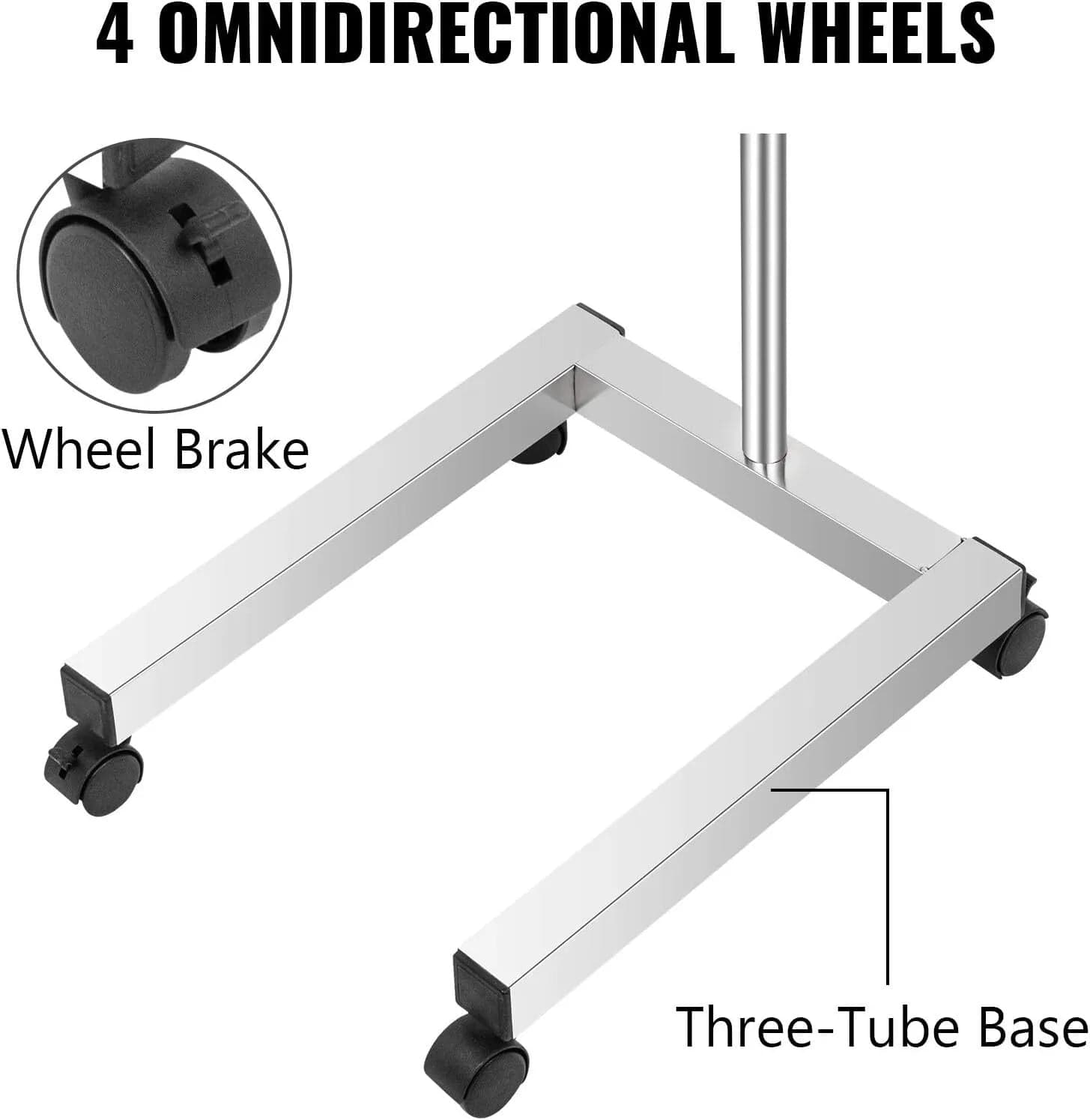 Holzoffer Medical Stand 18x14 Inch Medical Tray on Wheels Adjustable Height 32-51 Inch Mayo Stand with Tray Stainless Steel 4 Omnidirectional Wheels