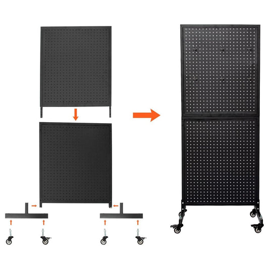 Holzoffer 2'x 5' 2-Double Metal Pegboard Panels Tower with 4 Wheels T-Base Floorstanding, Black Pegboard Panel Wall Organization Display Stand