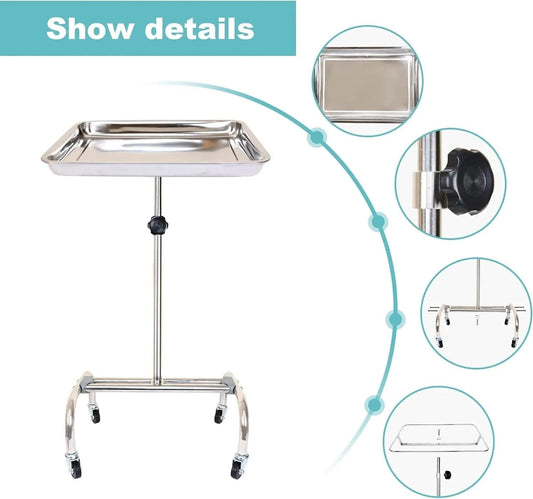 Holzoffer Instrument Stand Salon Tray Medical Tray Beauty Spa Tray Dentist Tray with Wheels,Stainless Steel